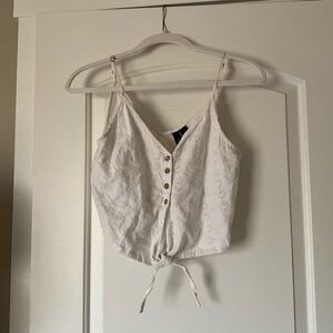 White Button-Front Eyelet Tie-Front Top